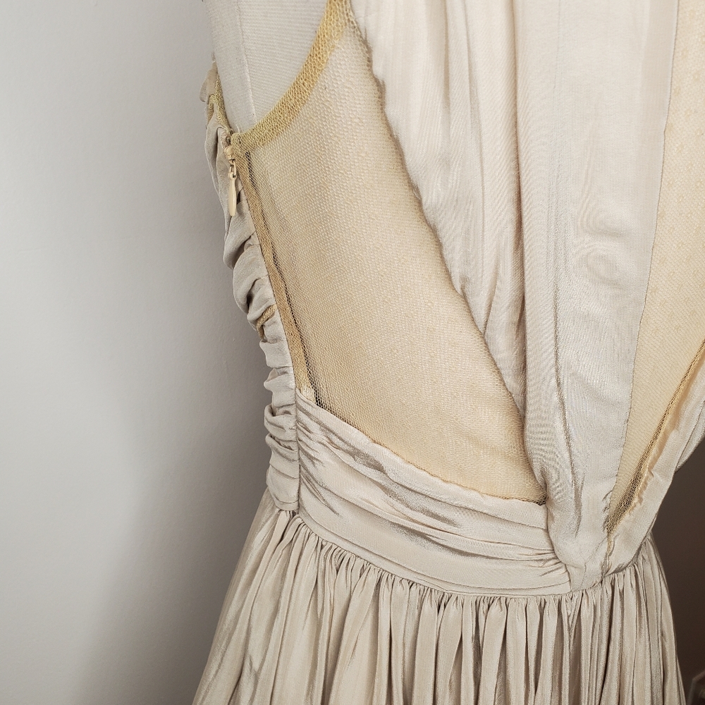 Keemia Nude Beige Fit Flare Dress Sheer Back Pleated Skirt XS S - Picture 6 of 8